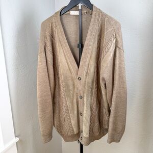 Norm Thompson Tan Suede Trim Wool Cable Knit Grandpa Cardigan Vintage Size L